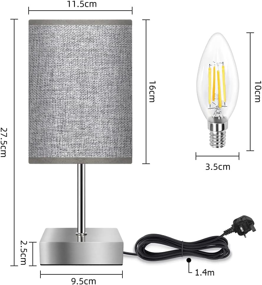 Touch Control Table Lamp – 3-Way Dimmable Bedside Lamp with Fabric Shade, LED Bulb Included, Small Nightstand Light for Bedroom or Living Room (Grey, 1pc)