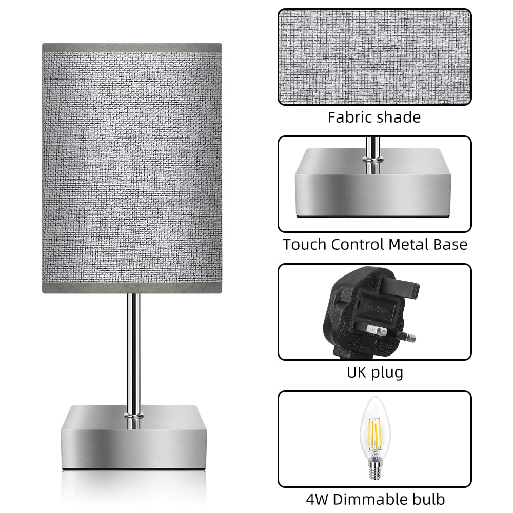 Touch Control Table Lamp – 3-Way Dimmable Bedside Lamp with Fabric Shade, LED Bulb Included, Small Nightstand Light for Bedroom or Living Room (Grey, 1pc)
