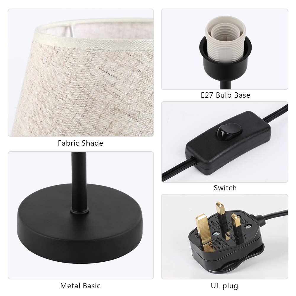 Modern Bedside Lamps Set of 2 – Small Table Lamps with Linen Fabric Shades & Metal Frame, Desk Lamps for Bedroom, Living Room, or Office (Cream/Black)