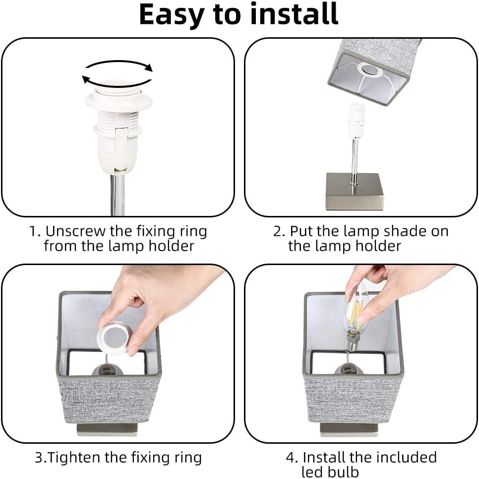 Touch Control Table Lamp – 3-Way Dimmable Bedside Lamp with Fabric Shade, LED Bulb Included, Small Nightstand Light for Bedroom or Living Room (Grey, 1pc)