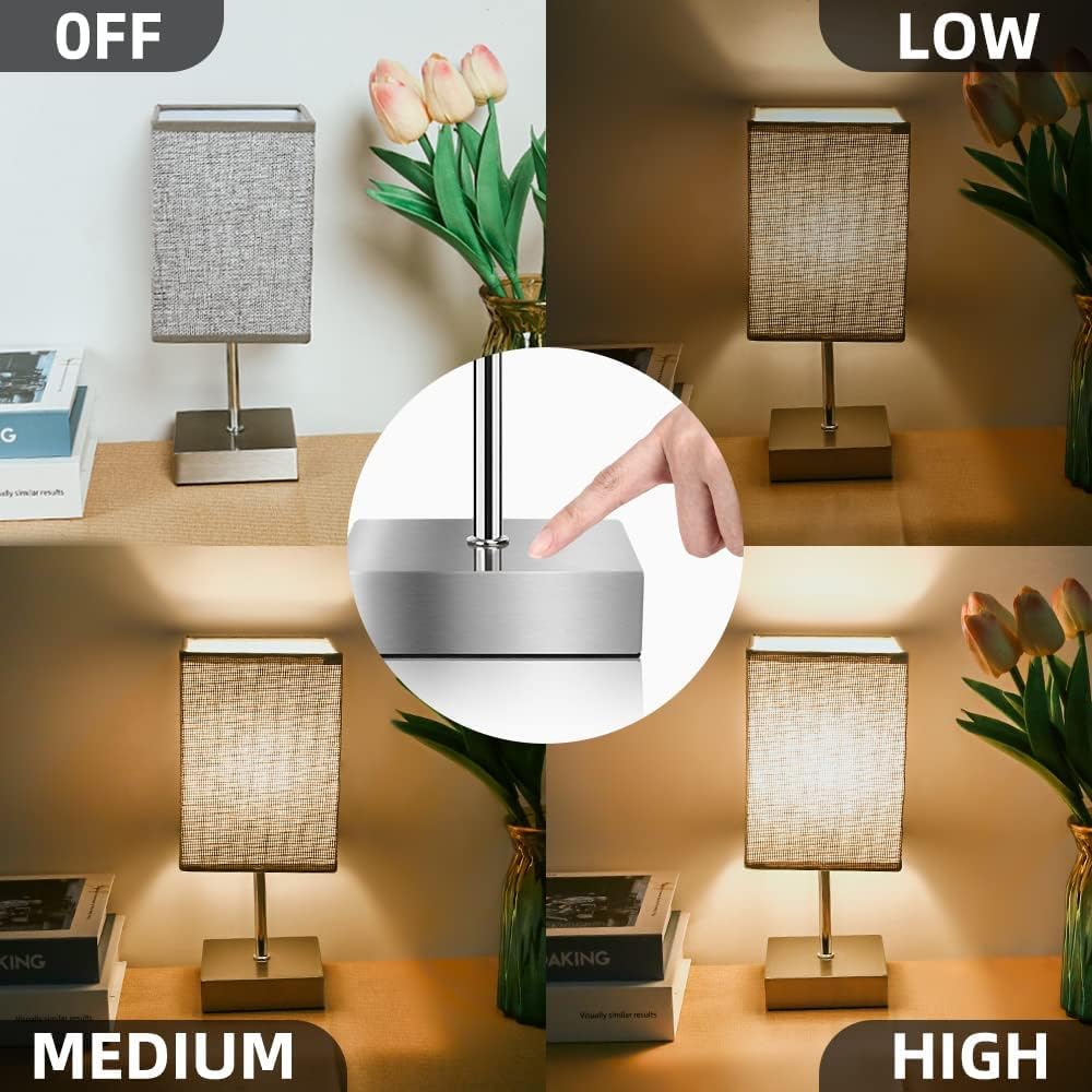 Touch Control Table Lamp – 3-Way Dimmable Bedside Lamp with Fabric Shade, LED Bulb Included, Small Nightstand Light for Bedroom or Living Room (Grey, 1pc)