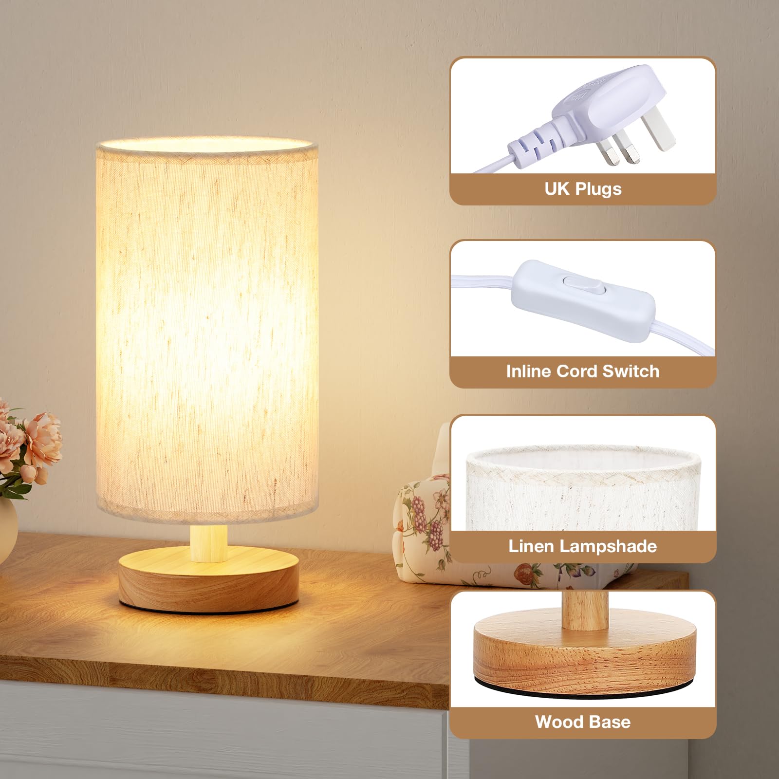 Small Bedside Table Lamp – Compact Fabric Shade Lamp with Button Switch, Warm White Light for Bedroom, Kids Room, Dorm, or Office (Bulb Included)