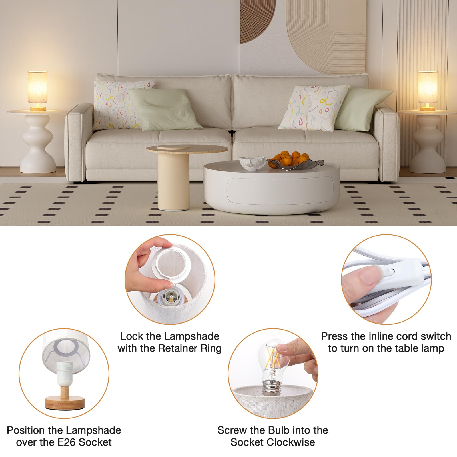 Small Bedside Table Lamp – Compact Fabric Shade Lamp with Button Switch, Warm White Light for Bedroom, Kids Room, Dorm, or Office (Bulb Included)