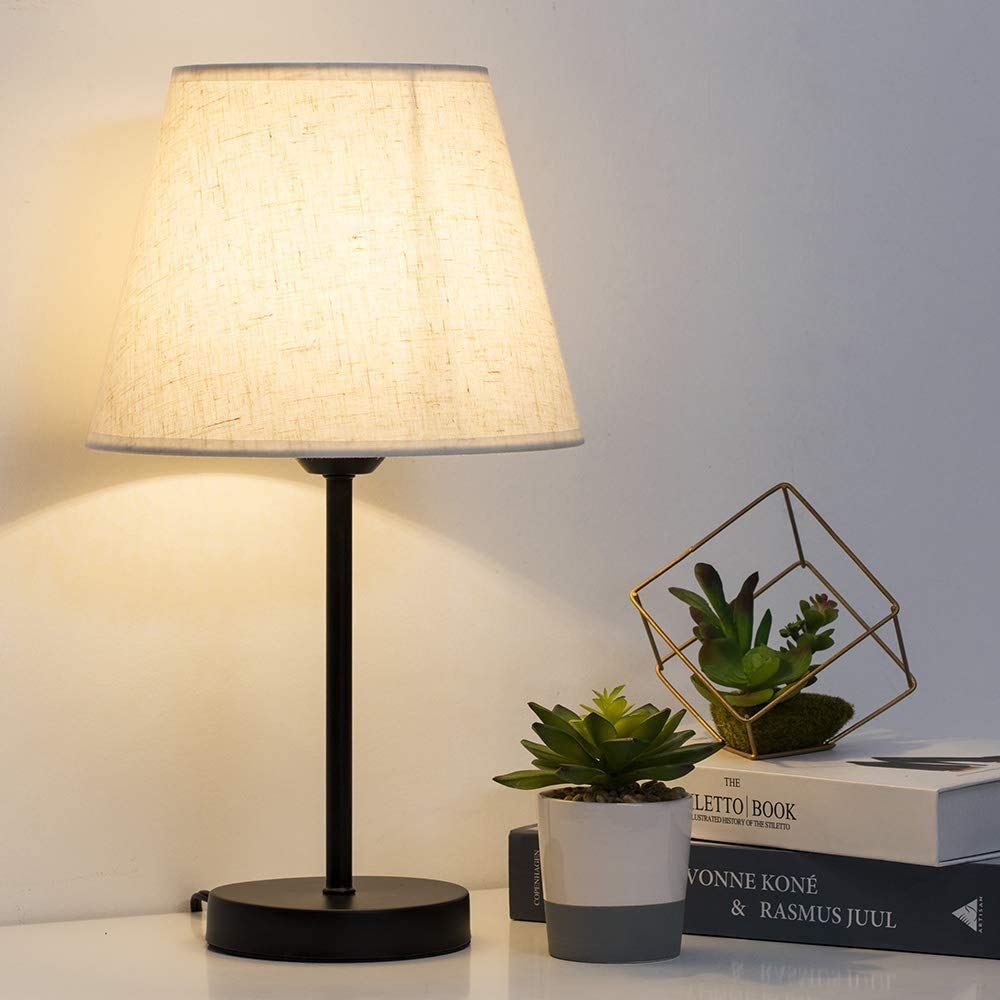 Modern Bedside Lamps Set of 2 – Small Table Lamps with Linen Fabric Shades & Metal Frame, Desk Lamps for Bedroom, Living Room, or Office (Cream/Black)