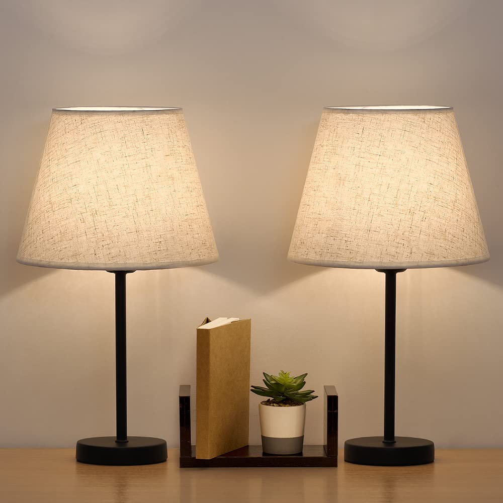 Modern Bedside Lamps Set of 2 – Small Table Lamps with Linen Fabric Shades & Metal Frame, Desk Lamps for Bedroom, Living Room, or Office (Cream/Black)
