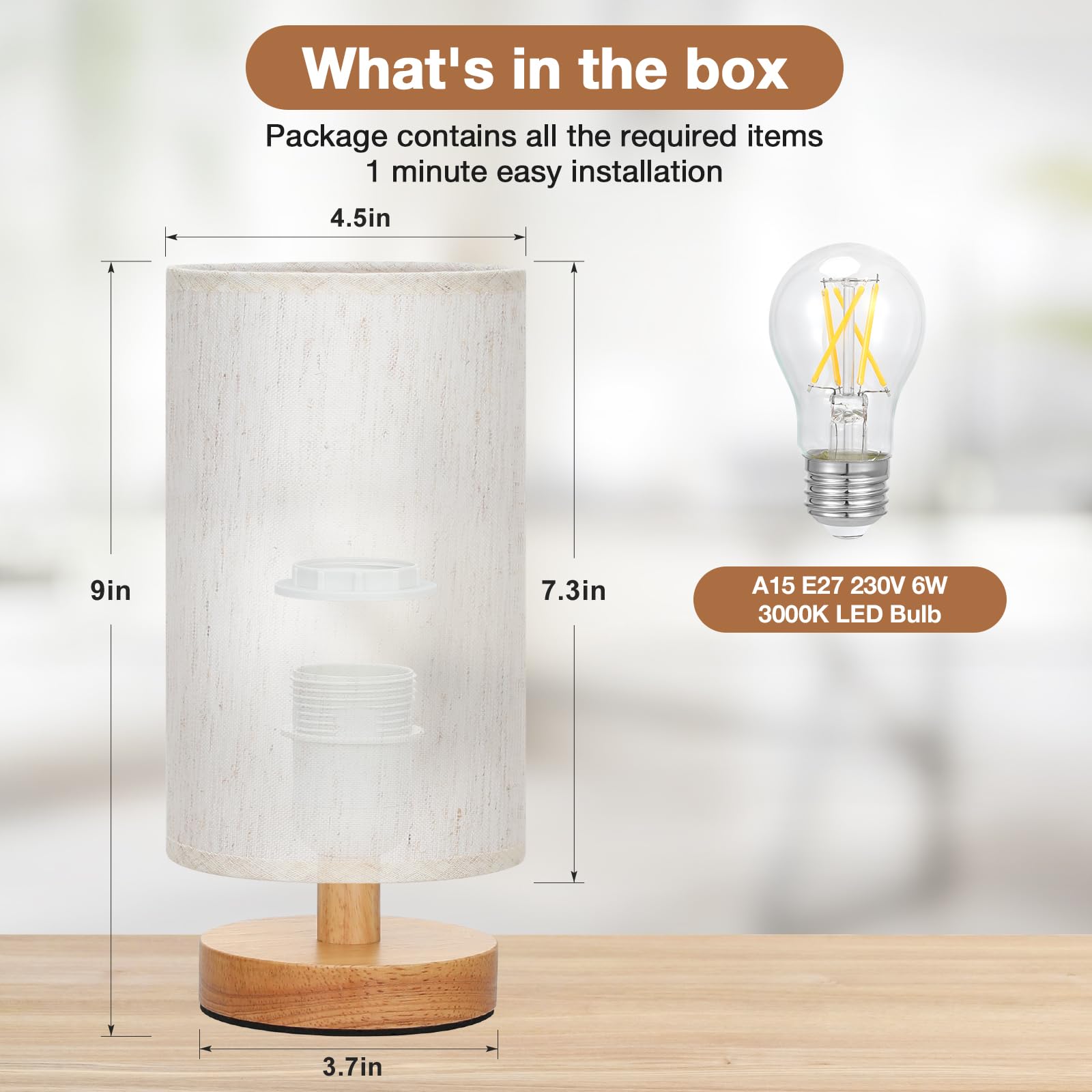 Small Bedside Table Lamp – Compact Fabric Shade Lamp with Button Switch, Warm White Light for Bedroom, Kids Room, Dorm, or Office (Bulb Included)