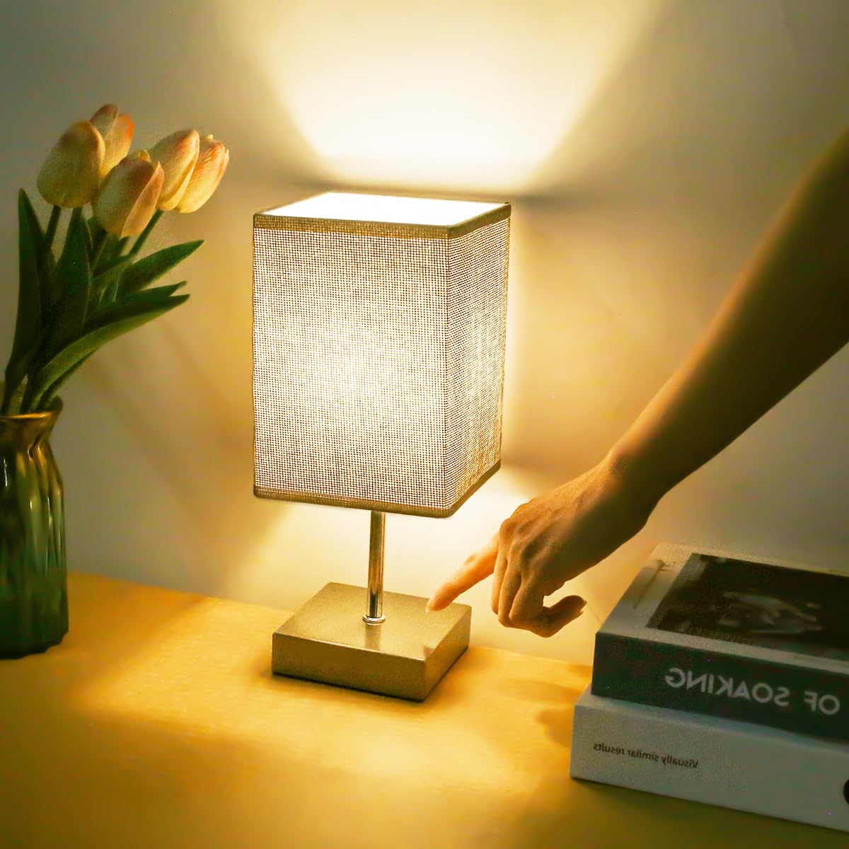 Touch Control Table Lamp – 3-Way Dimmable Bedside Lamp with Fabric Shade, LED Bulb Included, Small Nightstand Light for Bedroom or Living Room (Grey, 1pc)